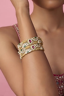 Gold Finish Kundan Polki & Multi-Colored Stone Temple Bangles (Set Of 2)