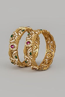 Gold Finish Kundan Polki & Multi-Colored Stone Temple Bangles (Set Of 2)