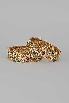 Gold Finish Kundan Polki & Multi-Colored Stone Temple Bangles (Set Of 2)