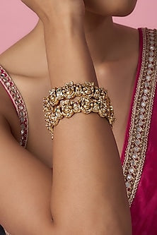 Gold Finish Kundan Polki & Synthetic Stone Temple Bangles (Set Of 2)