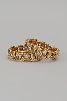 Gold Finish Kundan Polki & Synthetic Stone Temple Bangles (Set Of 2)