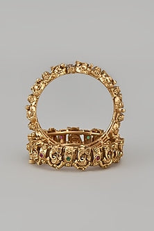 Gold Finish Kundan Polki & Synthetic Stone Temple Bangles (Set Of 2)