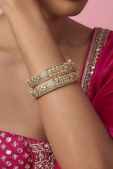 Gold Finish Kundan Polki & Multi-Colored Stone Temple Bangles (Set Of 2)