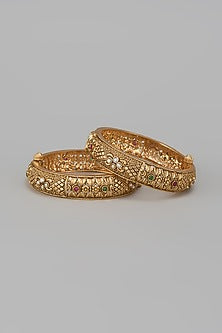 Gold Finish Kundan Polki & Multi-Colored Stone Temple Bangles (Set Of 2)