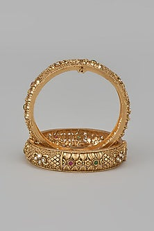 Gold Finish Kundan Polki & Multi-Colored Stone Temple Bangles (Set Of 2)
