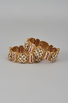 Gold Finish Kundan Polki & Multi-Colored Stone Temple Bangles (Set Of 2)