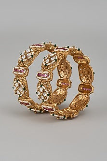 Gold Finish Kundan Polki & Multi-Colored Stone Temple Bangles (Set Of 2)