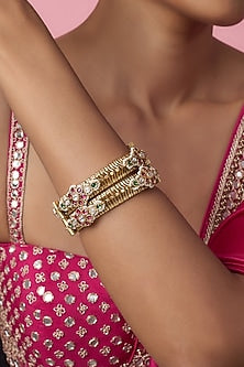 Gold Finish Kundan Polki & Multi-Colored Stone Temple Bangles (Set Of 2)