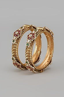 Gold Finish Kundan Polki & Multi-Colored Stone Temple Bangles (Set Of 2)