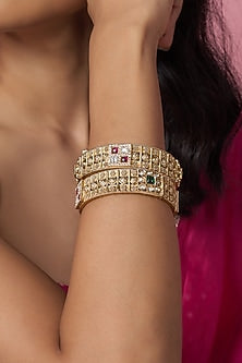 Gold Finish Kundan Polki & Red Stone Temple Bangles (Set Of 2)