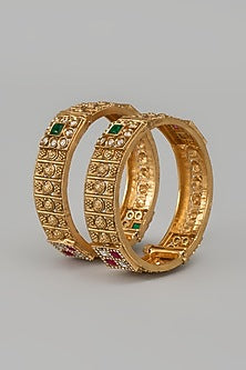 Gold Finish Kundan Polki & Red Stone Temple Bangles (Set Of 2)