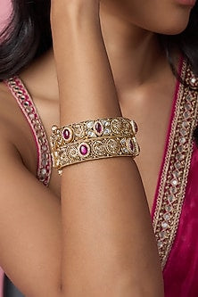 Gold Finish Kundan Polki & Red Stone Temple Bangles (Set Of 2)