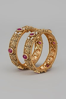 Gold Finish Kundan Polki & Red Stone Temple Bangles (Set Of 2)