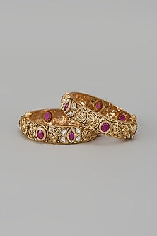 Gold Finish Kundan Polki & Red Stone Temple Bangles (Set Of 2)