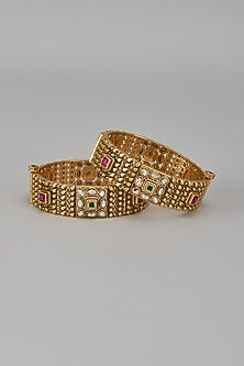 Gold Finish Kundan Polki & Multi-Colored Stone Temple Bangles (Set Of 2)