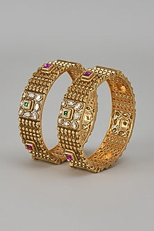 Gold Finish Kundan Polki & Multi-Colored Stone Temple Bangles (Set Of 2)