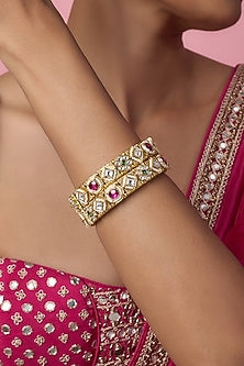 Gold Finish Kundan Polki & Multi-Colored Stone Temple Bangles (Set Of 2)