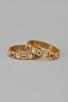 Gold Finish Kundan Polki & Multi-Colored Stone Temple Bangles (Set Of 2)