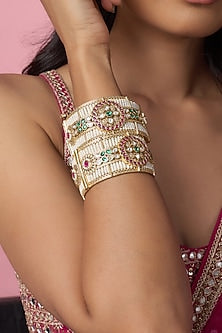 Gold Finish Kundan Polki & Multi-Colored Stone Temple Bangles (Set Of 2)