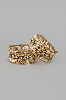 Gold Finish Kundan Polki & Multi-Colored Stone Temple Bangles (Set Of 2)