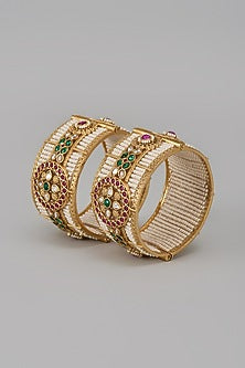 Gold Finish Kundan Polki & Multi-Colored Stone Temple Bangles (Set Of 2)