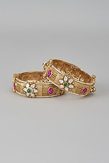Gold Finish Kundan Polki & Multi-Colored Stone Temple Bangles (Set Of 2)