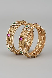 Gold Finish Kundan Polki & Multi-Colored Stone Temple Bangles (Set Of 2)