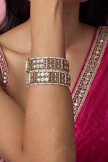 Gold Finish Kundan Polki & Red Stone Temple Bangles (Set Of 2)