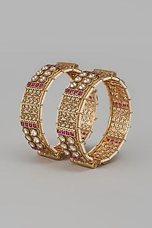 Gold Finish Kundan Polki & Red Stone Temple Bangles (Set Of 2)