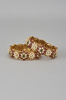 Gold Finish Kundan Polki & Multi-Colored Stone Temple Bangles (Set Of 2)