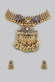Gold Finish Kundan Polki & Multi-Colored Stone Temple Choker Necklace Set