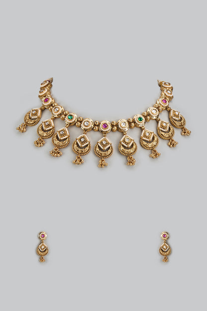 Gold Finish Kundan Polki & Multi-Colored Stone Temple Layered Necklace Set