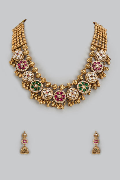 Gold Finish Kundan Polki & Multi-Colored Stone Temple Long Necklace Set