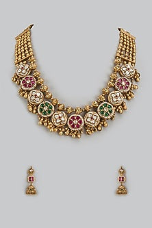 Gold Finish Kundan Polki & Multi-Colored Stone Temple Long Necklace Set