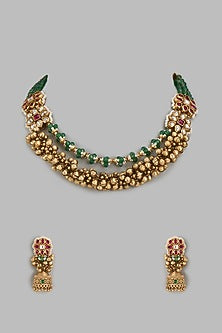 Gold Finish Kundan Polki & Multi-Colored Stone Temple Layered Necklace Set