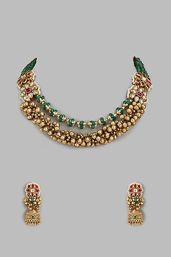 Gold Finish Kundan Polki & Multi-Colored Stone Temple Layered Necklace Set