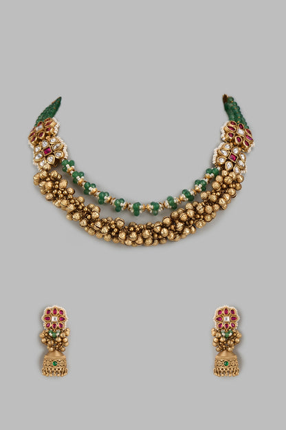 Gold Finish Kundan Polki & Multi-Colored Stone Temple Layered Necklace Set