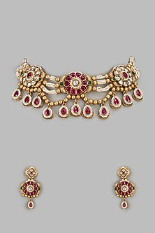 Gold Finish Kundan Polki & Red Stone Temple Choker Necklace Set