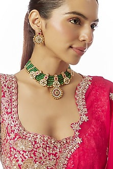 Gold Finish Kundan Polki & Green Stone Temple Long Necklace Set