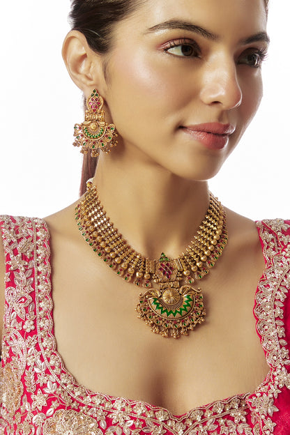 Gold Finish Kundan Polki & Green Stone Temple Long Necklace Set