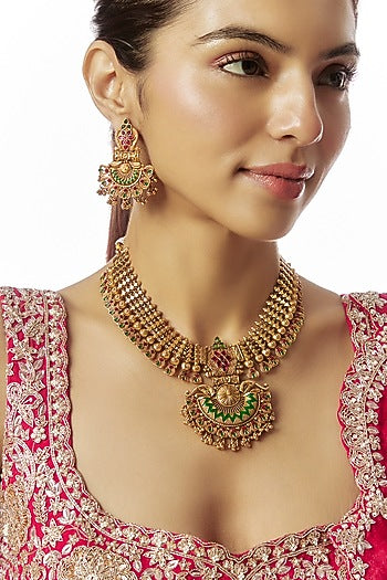 Gold Finish Kundan Polki & Green Stone Temple Long Necklace Set