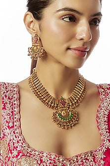 Gold Finish Kundan Polki & Green Stone Temple Long Necklace Set