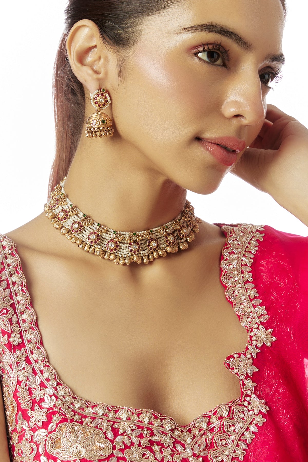 Gold Finish Kundan Polki & Red Stone Temple Necklace Set