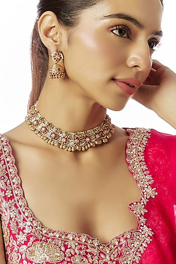 Gold Finish Kundan Polki & Red Stone Temple Necklace Set