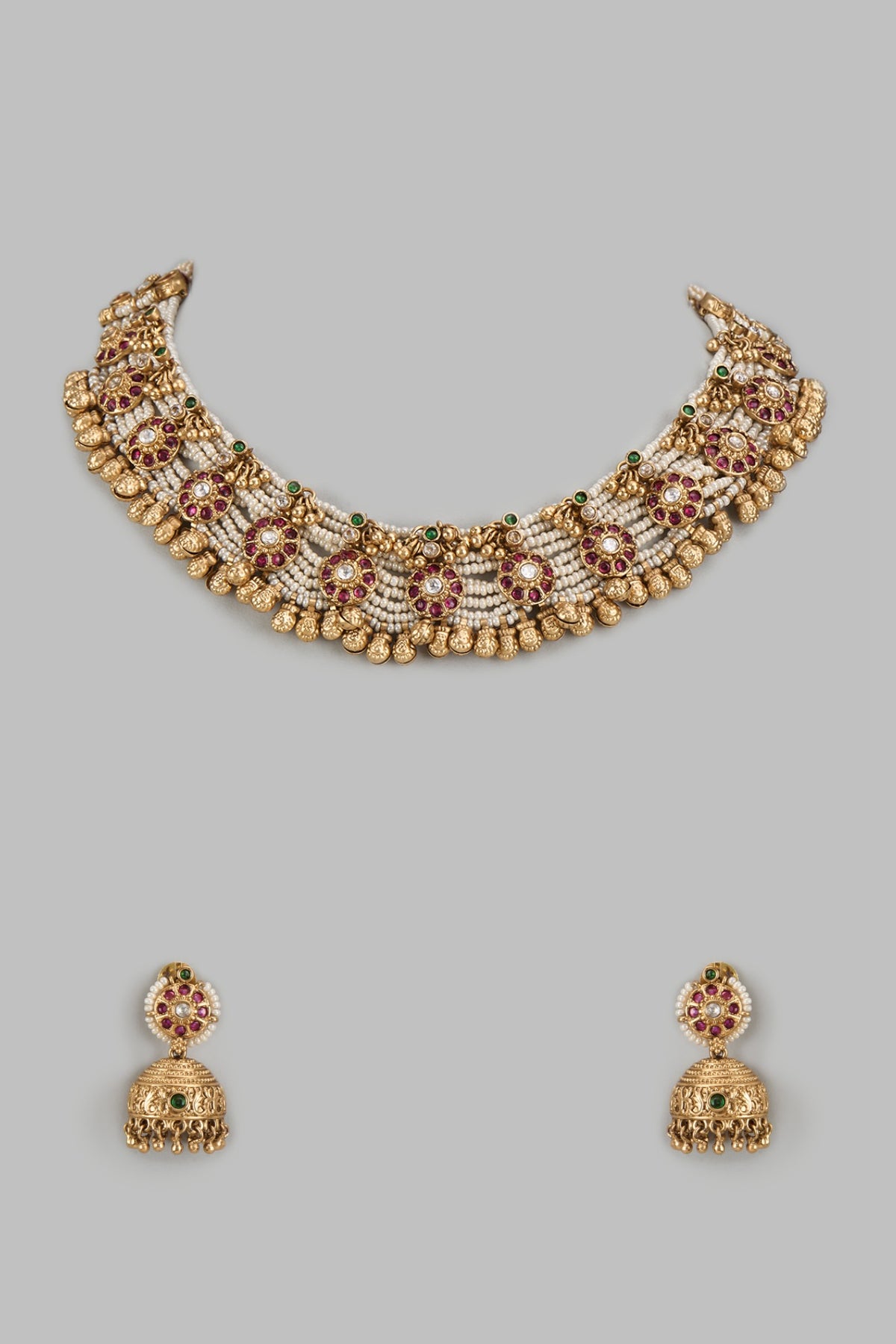 Gold Finish Kundan Polki & Red Stone Temple Necklace Set