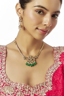Gold Finish Kundan Polki & Green Stone Temple Long Necklace Set