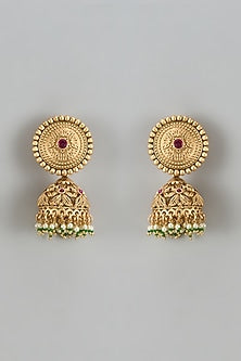 Gold Finish Kundan Polki & Red Stone Temple Jhumka Earrings