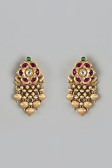 Gold Finish Kundan Polki & Red Stone Temple Dangler Earrings