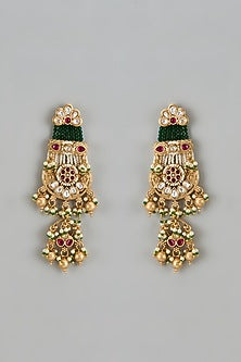 Gold Finish Kundan Polki & Multi-Colored Stone Temple Dangler Earrings