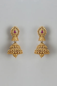 Gold Finish Kundan Polki & Red Stone Temple Jhumka Earrings